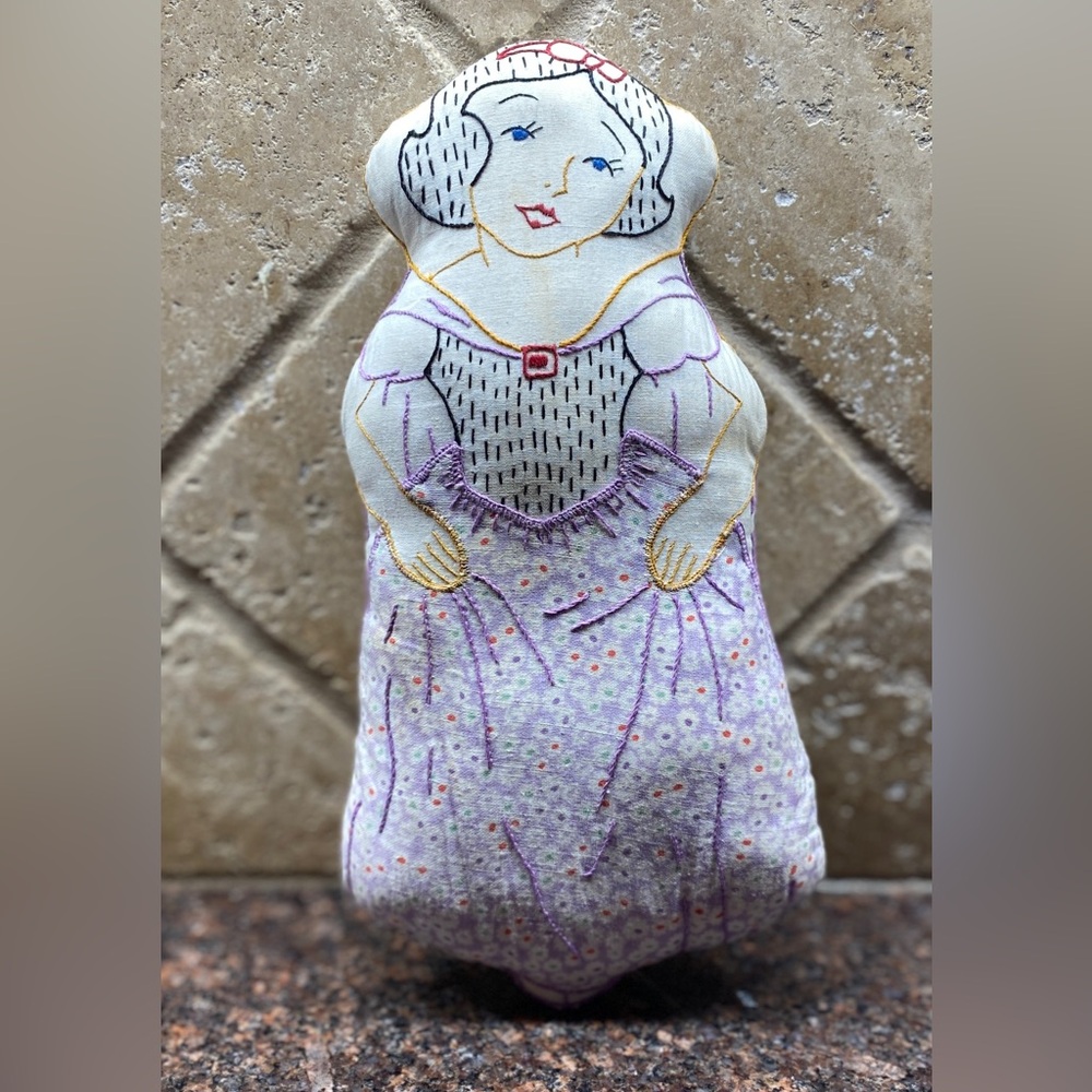 Vintage Snow White Linen Hand Embroidered Doll Pillow 9-1/2” Recycled Stuffing.